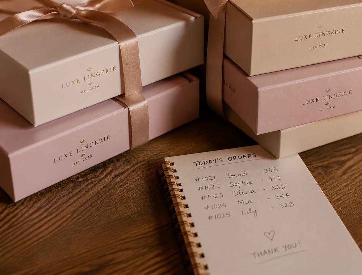 Encomendas de lingerie organizadas com caderno de pedidos